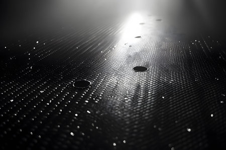 A sleek carbon fiber surface features a series of round holes, reflecting intricate light patterns. the glossy finish and textured details create a futuristic and modern aesthetic, its use in advanced technology and design. Generative AIの素材