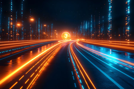 An illuminated virtual highway with vibrant orange and blue neon light trails creating a dynamic sense of motion. surrounded by glowing digital elements and binary patterns, this scene exudes a high-tech cyberpunk atmosphere. Generative AIの素材