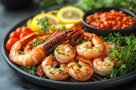 Deliciously grilled seafood platter featuring marinated shrimps and a lobster tail, garnished with fresh herbs. served alongside lemon slices and cherry tomatoes, this gourmet dish is beautifully complemented by a tangy dipping sauce. Generative AIの素材