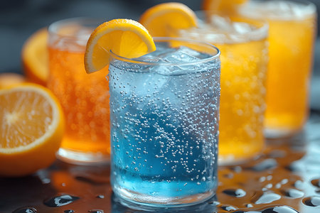 Colorful glasses of citrus and blueberry flavored carbonated beverages adorned with orange slices. served on a reflective surface with scattered ice cubes and oranges, creating an inviting and refreshing ambiance. Generative AIの素材