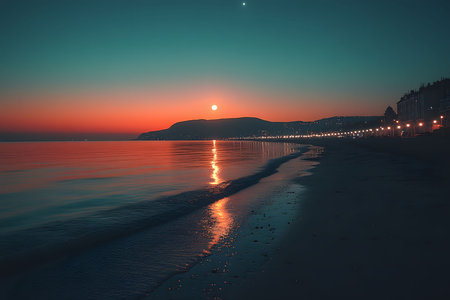 A serene view of a coastal sunset, featuring calm waters reflecting a vibrant red sky. the illuminated shoreline and distant hills create a peaceful and tranquil atmosphere, ideal for themes of relaxation and nature's beauty. Generative AIの素材