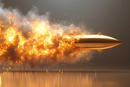 A high-speed bullet travels through the air, leaving behind an intense, fiery trail, symbolizing speed and power. the dynamic scene of flying sparks and smoke encapsulates fierce energy and precision. Generative AIの素材