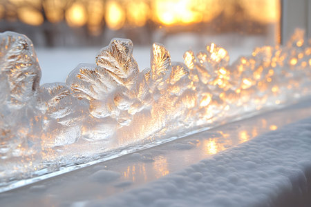 Frost forms intricate patterns on a window pane, illuminated by the warm glow of the setting sun. the close-up view highlights delicate ice formations, creating a striking contrast between winter cold and warm light. Generative AIの素材