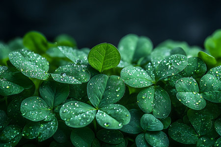 Vibrant clover leaves covered in delicate dew drops, showcasing fresh greenery against a dark, contrasting background. captures the essence of morning freshness, ideal for botanical themes in print or digital artwork. Generative AIの素材