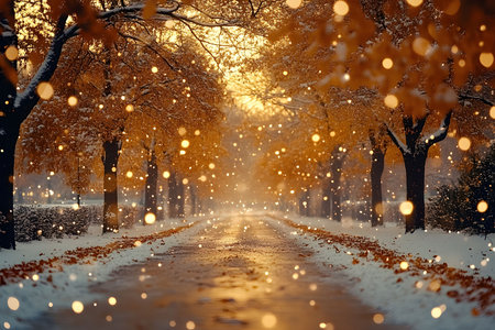 Enchanting scene of a serene path lined with trees showcasing golden autumn leaves as gentle snow falls under the warm glow of a sunrise, casting a magical ambiance. perfect for seasonal, nature, and serene-themed designs. Generative AIの素材