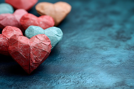 Origami hearts in red, blue, and beige are arranged on a textured blue surface. the vibrant colors and intricate paper folds create a dynamic composition, ideal for themes related to love, romance, and creativity. Generative AIの素材
