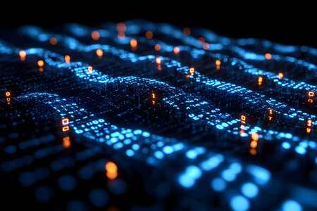 A futuristic landscape of a digital matrix, showcasing a flowing surface of binary code with glowing blue and orange elements. ideal for concepts related to technology, data analysis, and digital innovation. Generative AIの素材