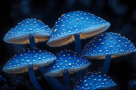 Vibrant blue mushrooms with textured caps create a mystical forest scene. the unique coloration and the softly lit environment evoke a sense of wonder, perfect for nature enthusiasts and artistic photography projects. Generative AIの素材