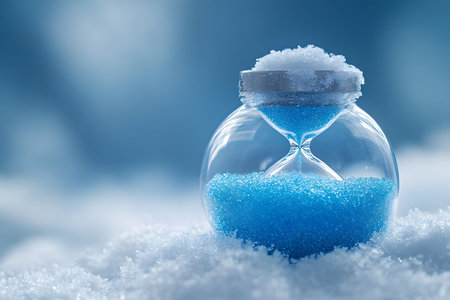 A clear hourglass filled with blue sand sits amidst a snowy landscape, symbolizing the passage of time and the blend of natural beauty with time management concepts. the serene, cold environment enhances the visual contrast. Generative AIの素材