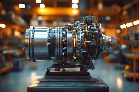 A detailed view of a high-precision industrial engine component displayed in a workshop. the background features a warm, softly lit workshop environment, the mechanical intricacy and craftsmanship involved. Generative AIの素材