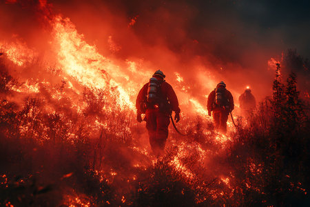 Three firefighters in protective gear face a raging wildfire at night, surrounded by intense flames and smoke. the scene illustrates their bravery and the intensity of battling natural disasters during night operations. Generative AIの素材