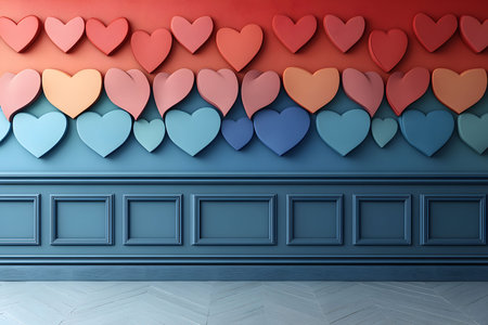 A vibrant heart-themed wall art blends shades of red, pink, and blue, illustrating a stylish and modern interior design. this artistic display serves as perfect valentine's day decor or contemporary home design inspiration. Generative AIの素材