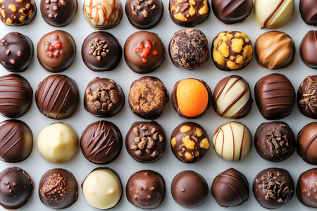 A delightful assortment of gourmet chocolate truffles arranged in a grid pattern, showcasing a variety of textures and flavors. each piece features distinct toppings and designs, artisan craftsmanship in confectionery. Generative AIの素材