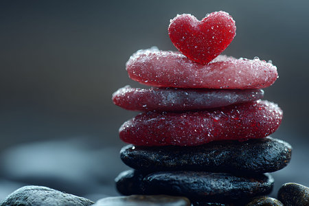 Red heart rests atop stacked stones covered in dew, symbolizing love, balance, and tranquility. this serene composition is perfect for valentine's day themes and wellness-focused designs. Generative AIの素材