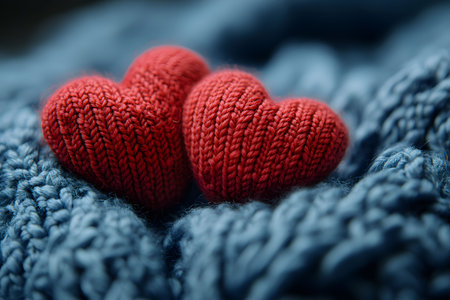 Two red knitted hearts rest on a soft, textured blue blanket, evoking feelings of warmth and affection. ideal for valentine's day themes, this cozy setup combines love and comfort with vibrant contrast and intricate knitting detail. Generative AIの素材