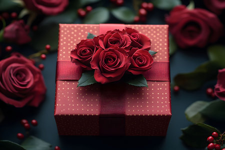 A beautifully wrapped gift box adorned with vibrant red roses and dark green leaves, set against a soft-focus background featuring additional roses and berries. ideal for romantic occasions or valentine's day themes. Generative AIの素材