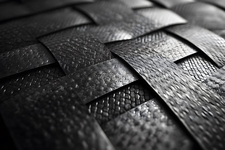Intricate close-up of black metal strips woven into a textured pattern, enhancing industrial and modern aesthetics. the metal's polished surface highlights light variations, suited for use in backgrounds or industrial design projects. Generative AIの素材