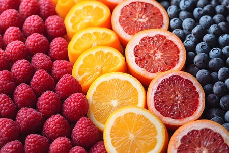 Fresh blueberries, raspberries, and sliced oranges create a vibrant, colorful pattern. ideal for themes of healthy living, nutrition, or creative design. perfect for culinary projects and promotional materials. Generative AIの素材