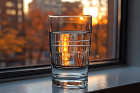 A glass of water sits on a windowsill, reflecting a vibrant autumn sunset. the scene captures warm, golden hues and the calming essence of nature, ideal for themes of reflection, tranquility, and seasonal change. Generative AIの素材