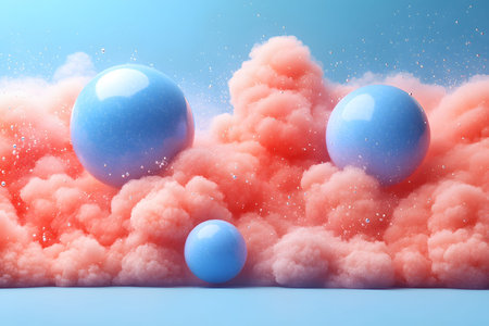 Ethereal spheres hover amidst fluffy, vibrant pink clouds, creating a dreamlike landscape. the combination of soft, pastel hues and floating elements evokes a sense of fantasy and imagination, perfect for abstract art themes. Generative AIの素材
