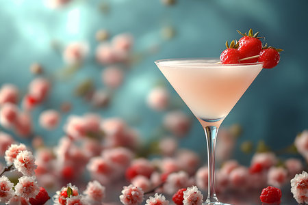 A refreshing strawberry martini elegantly garnished with fresh strawberries, set against a dreamy background of delicate pink blossoms. the scene evokes a sense of spring renewal and celebration. Generative AIの素材