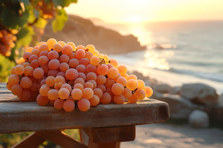 Bunches of ripe grapes rest on a wooden table at sunset, with a serene ocean backdrop. the warm glow enhances the natural colors of the grapes, their texture. ideal for themes of nature, tranquility, and vineyard harvest. Generative AIの素材