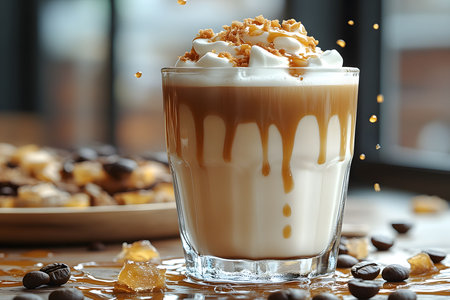 Creamy coffee topped with rich caramel drizzle, whipped cream, and crunchy toffee bits. coffee beans and caramel chunks are artfully scattered, enhancing the indulgent ambiance for a cafe atmosphere. Generative AIの素材