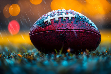 A close-up of an american football resting on wet grass, illuminated by vibrant bokeh lights and falling rain. the textured surface and raindrops emphasize the rugged, dynamic nature of the sport. Generative AIの素材
