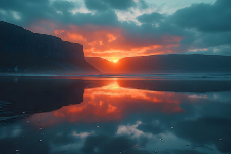 A breathtaking sunset reflects over calm coastal waters, vibrant oranges and deep blues against dramatic cliffs. perfect for nature-themed designs, evoking tranquility and awe in a serene setting. Generative AIの素材