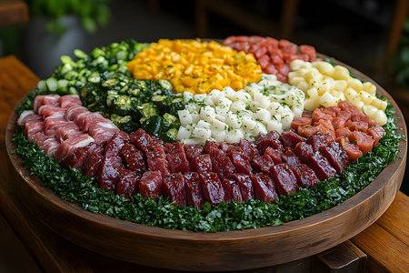 A beautifully arranged sushi platter showcasing a variety of fresh ingredients, including tuna, cucumber, mango, and more, meticulously laid out for an elegant dining experience. perfect for gourmet presentations or culinary events. Generative AIの素材