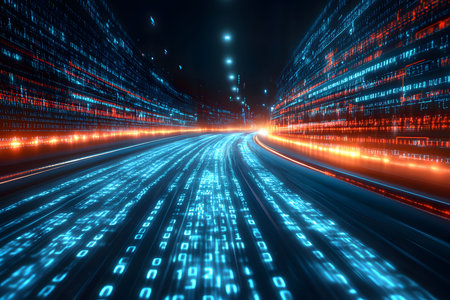 Futuristic scene of a digital data highway illuminated by vibrant blue and orange binary streams. the imagery conveys speed, technology, and innovation, ideal for technology designs or digital concepts. Generative AIの素材