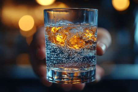 A close-up of a clear glass filled with a refreshing beverage, ice cubes, and sparkling bubbles. the background features warm bokeh lighting, making it perfect for bar, beverage-themed concepts, or drink-related designs. Generative AIの素材
