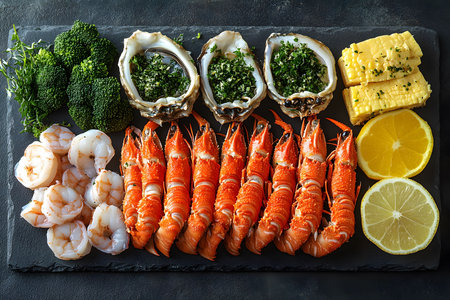 A luxurious seafood platter featuring vibrant lobster tails, succulent oysters with herbs, plump shrimp, fresh broccoli florets, and sliced citrus. perfect for culinary presentations, menus, and food-related projects. Generative AIの素材