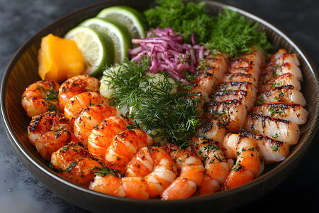 A delectable grilled seafood platter featuring perfectly cooked shrimp and scallops. accompanied by vibrant garnishes of lime, dill, purple onion, and bell pepper, creating a visually appealing and flavorful presentation. Generative AIの素材