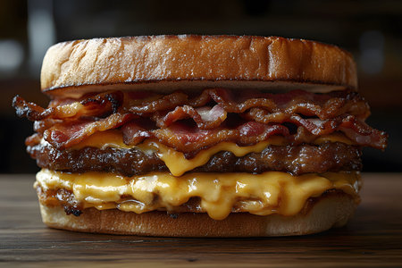 A mouthwatering double cheeseburger featuring crispy bacon, melted cheddar cheese, and savory beef patties, layered between perfectly toasted bread slices, perfect for gourmet food inspiration and culinary presentations. Generative AIの素材
