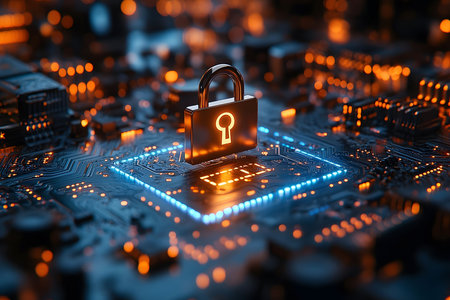 A digital padlock symbol stands on a glowing circuit board, representing cybersecurity and data protection. the scene highlights the importance of safeguarding information in the digital age with advanced technology. Generative AIの素材