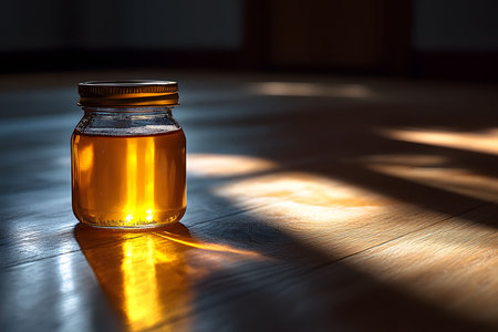 Sunlight streams through a glass jar of honey, casting warm reflections on a wooden floor. this serene composition highlights the natural beauty and rich texture of honey, perfect for kitchen decor or culinary concepts. Generative AIの素材