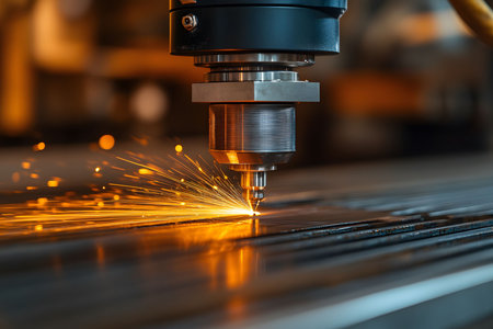 Laser cutting machine performs precise metalwork, sending sparks flying in a controlled industrial environment. highlighting advanced technology and engineering, the image captures manufacturing at its core. Generative AIの素材