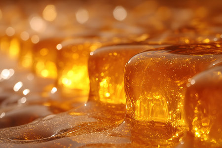 Close-up of luscious, golden honey drizzling smoothly, its rich texture and natural sheen. the image natural warmth and glow of honey, ideal for food, nature, or organic-themed designs. Generative AIの素材
