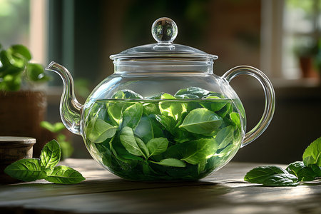 A clear glass teapot filled with fresh green herbs sits on a rustic wooden surface, surrounded by soft natural light. the scene evokes a sense of tranquility, wellness, and connection with nature, ideal for themes of relaxation and healthy living. Generative AIの素材