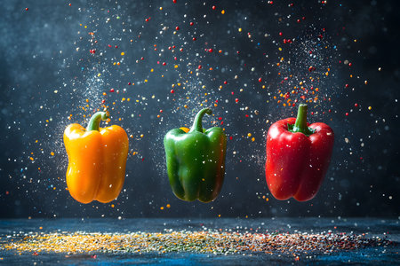 Colorful bell peppers in yellow, green, and red hover above a dark surface, surrounded by an explosion of colorful spices. the dynamic display highlights the freshness and variety in culinary ingredients. Generative AIの素材