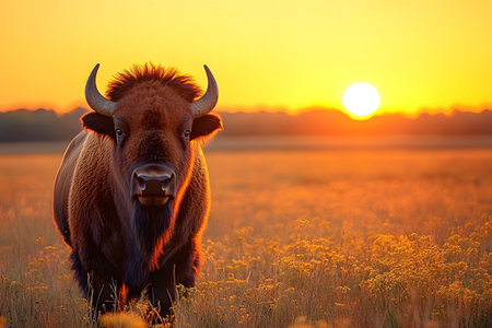 A bison stands majestically in a sunlit prairie, with the vibrant colors of a golden sunset creating a serene and majestic atmosphere. the scene highlights the beauty and tranquility of wildlife in its natural habitat. Generative AIの素材