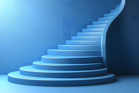 Modern abstract spiral staircase with smooth curves in a monochromatic blue palette. elegantly designed steps showcase architectural minimalism and sophistication, ideal for design inspiration and contemporary decor themes. Generative AIの素材