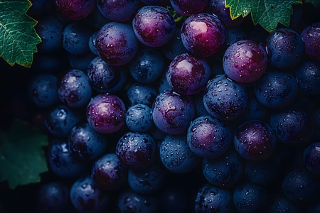 Dew-laden purple grapes nestled among green leaves create an appetizing and vibrant display. the rich colors and textures highlight the freshness of the fruit, making it ideal for culinary or natural-themed designs. Generative AIの素材