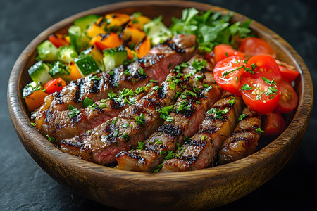Deliciously grilled steak slices paired with a vibrant mix of fresh vegetables including cherry tomatoes, cucumbers, and bell peppers, garnished with herbs in a rustic wooden bowl. perfect for a healthy, hearty meal concept. Generative AIの素材