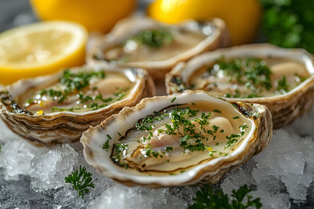 Fresh oysters nestled on ice, garnished with parsley, accompanied by lemon slices. the close-up textures and freshness, ideal for culinary presentations, seafood menus, or gourmet photography. Generative AIの素材