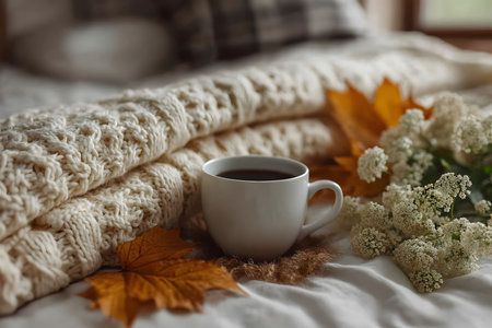 A cozy autumn morning scene featuring a white coffee cup resting on a soft knit blanket. surrounding the cup are vibrant fall leaves and delicate white flowers, creating a warm and inviting atmosphere perfect for relaxation. Generative AIの素材