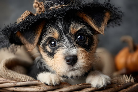 Cute puppy wearing a witch hat, nestled in a rustic basket, embodying halloween charm. surrounded by autumnal elements, this whimsical scene blends innocence with festive celebration, perfect for seasonal promotions or holiday greetings. Generative AIの素材