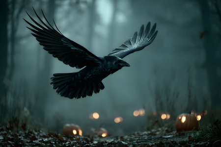 A dramatic scene of a raven flying through a foggy forest with glowing pumpkins scattered on the ground. the moody atmosphere and dark tones evoke an eerie, mystical feeling, perfect for halloween themes. Generative AIの素材