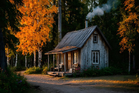 A rustic wooden cabin nestled in a forest with vivid autumn foliage, surrounded by towering trees. smoke gently rises from the chimney, creating a warm, inviting atmosphere. soft sunlight filters through the leaves, casting a golden glow. Generative AIの素材